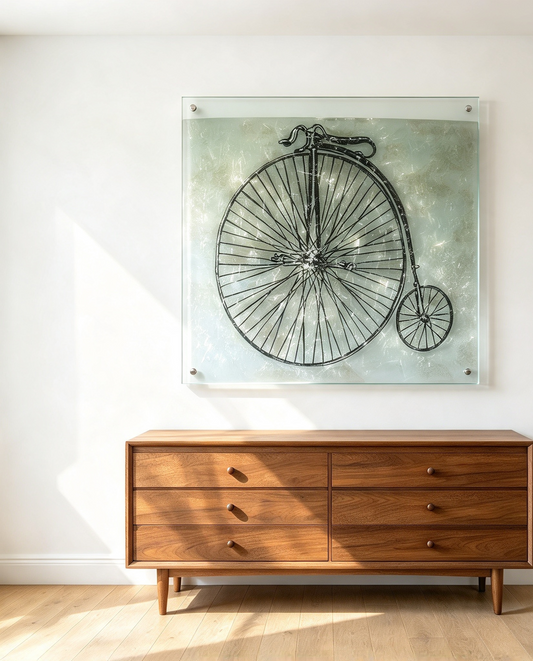 Cuadro de vidrio bicicleta antigua penny farthing
